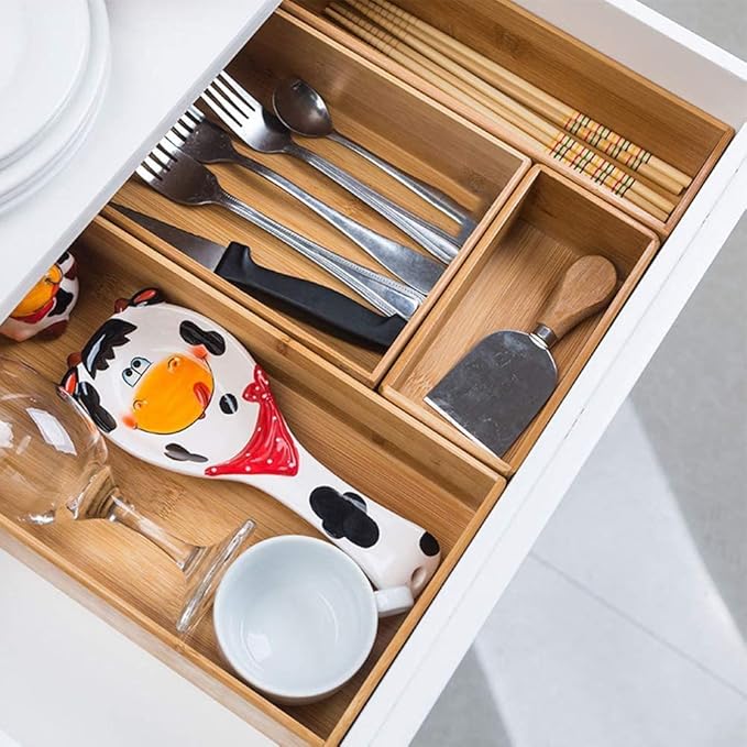 Bamboo Drawer Organizer - Kitchen Utensil Organizer Silverware Tray Cutlery Holder，Office Desk Supplies and Accessories (12x3x2.6 inch)