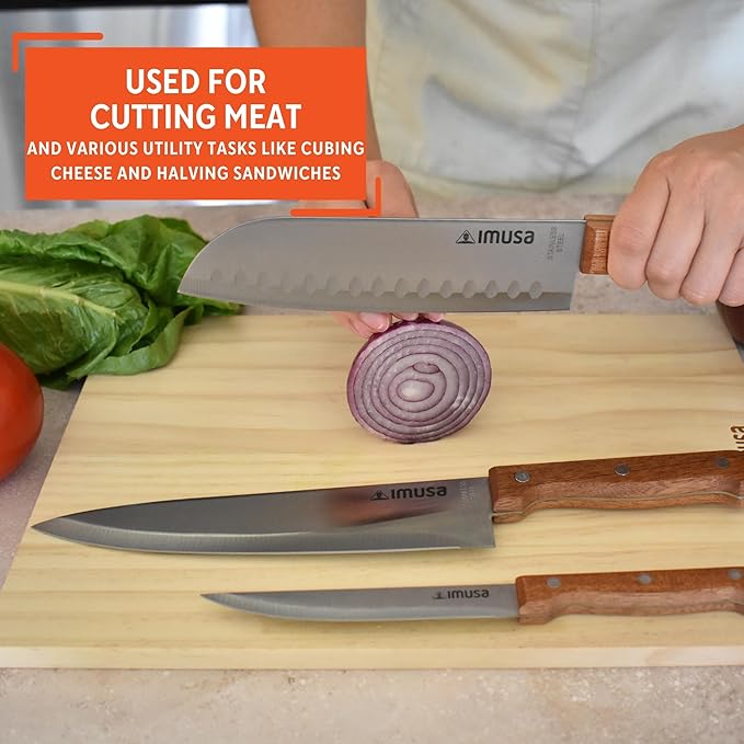 IMUSA 3pc Knife Set with Wood Handle, 8” Chef Knife, 7” Santoku Knife & 5” Utility Knife, Sharp Kitchen Knives for Cooking, Stainless Steel Blade