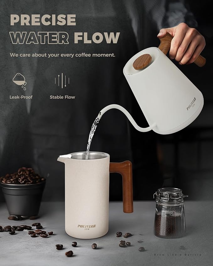 POLIVIAR Electric Gooseneck Kettle, 1350W Electric Tea Kettle Wood Pattern Handle, 34oz Pour Over Electric Kettle for Coffee & Tea, 18/8 Stainless Steel Inner, Temperature Control & Rapid Heating