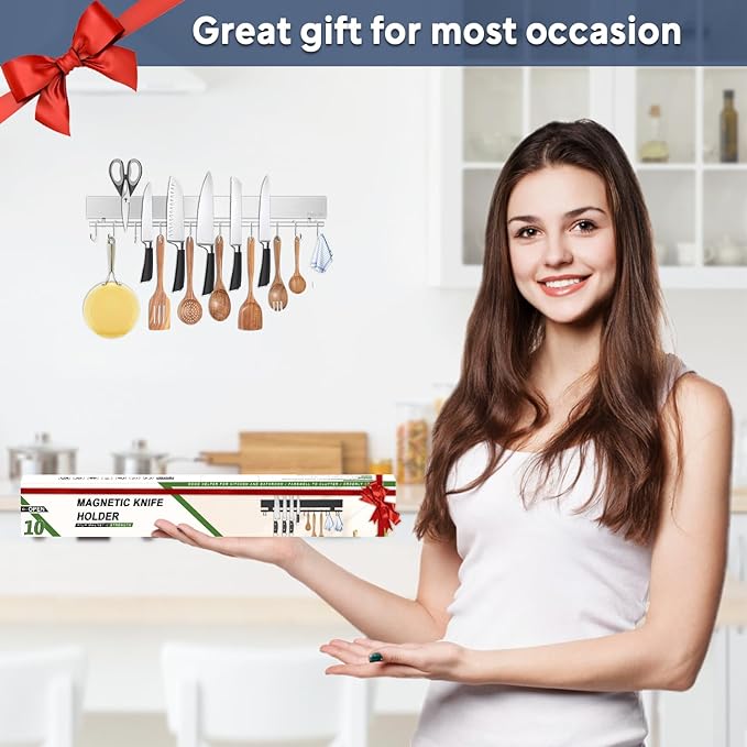 17 inch Magnetic Knife Holder with 10 Hooks, No Drilling Wall Mount, Powerful Magnet Rack
