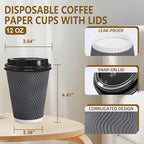 500 Pack Coffee Cups with Lids 12oz, Disposable Insulated Ripple Wall To Go Paper Coffee Cups for Hot/Cold Drinks Office Home Shop Event (Grey)