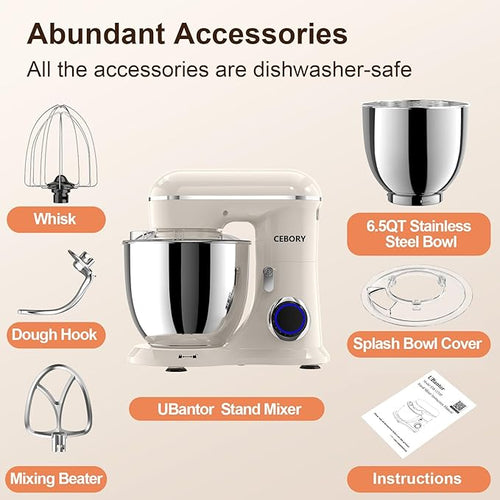 3-IN-1 Electric Stand Mixer, 6.5QT Bowl 660W 10-Speed Kitchen Mixer, Household Food Mixers include Dough Hook, Beater and Whisk, Bread Cake Mixer for Baking and Most Home Cooks, Almond Cream
