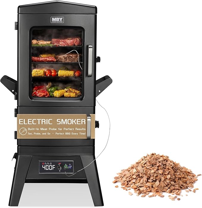 Large Vertical Electric Smoker Grill – 633 sq in | 4-Rack BBQ Smoker with Built-in Meat Probe, Wood Chip Loader &Weather-Resistant Cover – Perfect for Steak, Fish, Ribs (Black)