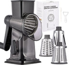 Rotary Cheese Grater with Handle Kitchen Shredder Slicer Grater Slicer Ice Shaver Cheese Vegetable Nuts Potato Zucchini Chocolate 3 Interchangeable Blades (Dark Grey TSP)