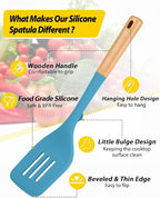 Pack of 2 Large Silicone Spatula, Heat Resistant Solid Turner, Non Stick Slotted Spatulas with Wooden Handle, Ideal Kitchen Utensils for Flipping, Pancakes, Eggs, Fish(BLUE)