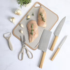 Oster Huntingfield 6 Piece Knife Set - Olive Wood Stainless Steel Chef Knife, Cleaver, Pairing Knive, Kitchen Shear, Peeler and PP Cutting Board