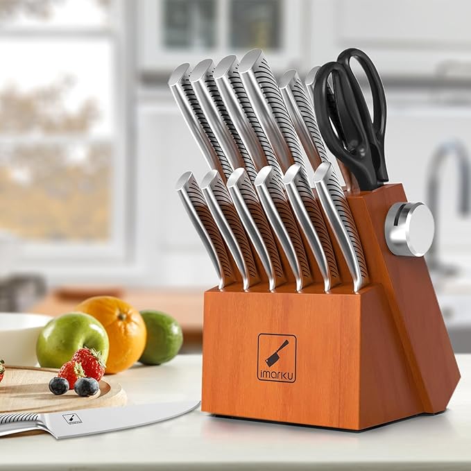 imarku Kitchen Knife Set, 15 Piece Premium Knife Block Set, Dishwasher Safe Knives Set for Kitchen, Razor Sharp Japanese Knife Set with Built-in Sharpener, Ergonomic Handle, Brown