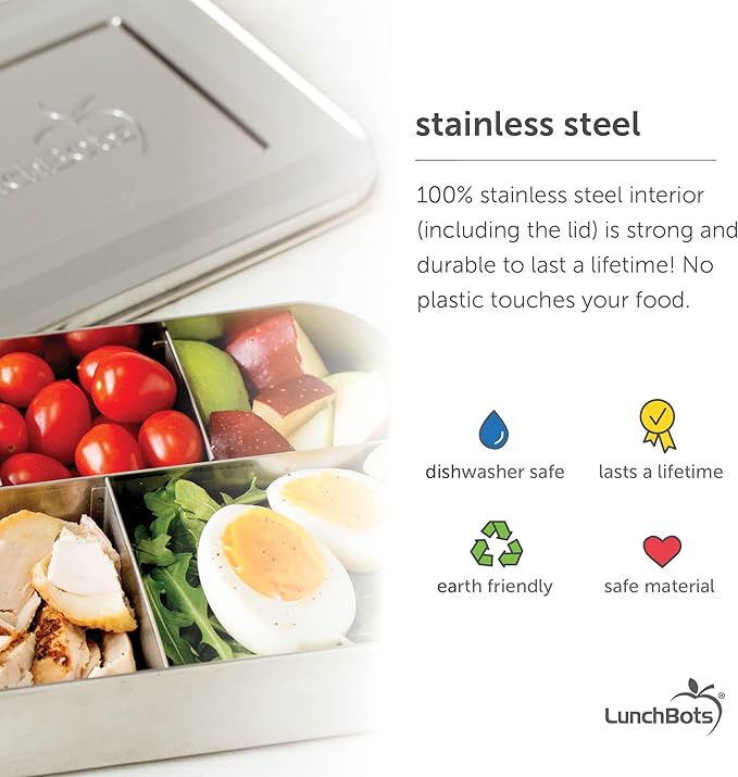 LunchBots Medium Trio II Snack Container - Divided Stainless Steel Food Container - Three Sections for Snacks On the Go - Eco-Friendly, Dishwasher Safe, BPA-Free - Stainless Lid - Green Dots