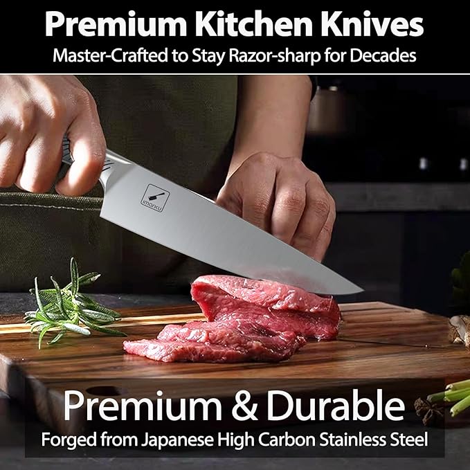 imarku Kitchen Knife Set, 15 Piece Premium Knife Block Set, Dishwasher Safe Knives Set for Kitchen, Razor Sharp Japanese Knife Set with Built-in Sharpener, Ergonomic Handle, Brown