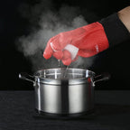 Kitchen Oven Gloves - Dual-Layer Heat Resistant Grilling Gloves, Silicone Oven Mitts with 5 Fingers, Waterproof Non-Slip Pot Holder for Barbecue, Cooking, Baking (XL-XXXL, Red Long)