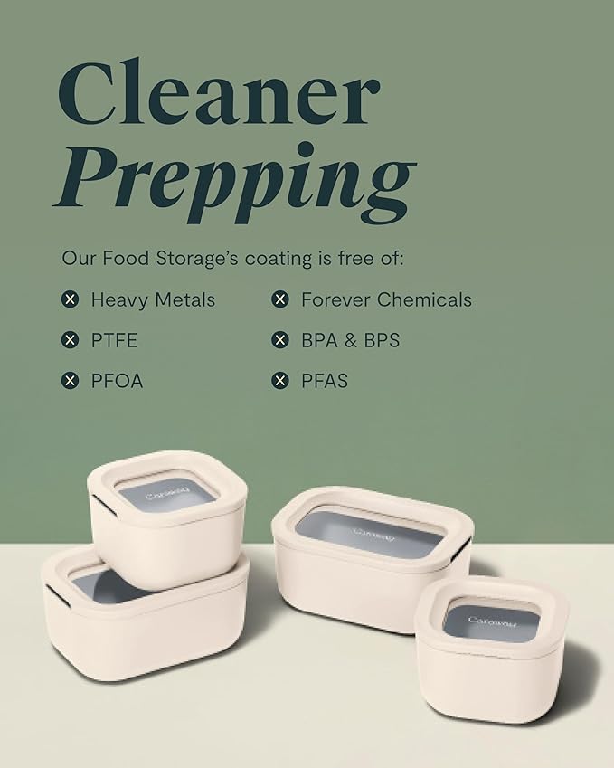 Caraway 6pc Glass Food Storage Set - 2.6 Cup Storage Containers For Food (6) - Non-Toxic Ceramic-Coated Glass - Air Release Technology - Compact & Stackable Design - Gray