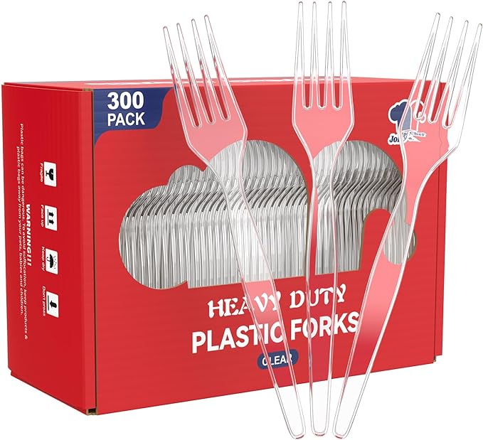 JOLLY CHEF [300 Count] Clear Plastic Forks,Heavy Duty Disposable Forks Plastic Utensils Perfect for Home, School, Party, Restaurant, Thanksgiving or Daily use