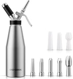 Professional Aluminum Whipped Cream Dispenser - 1000 mL/2 Pint,Leak-Free Whipped Cream Maker Canister with 8 Decorating Nozzles & Cleaning Brush - N2O Chargers (Not Included) (Silver, 1000ml)