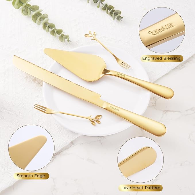 Wedding Cake Cutting Set, Elegant Wedding Cake Knife and Server Set with Thick Stainless Steel Wide Handle, Cake Cutting Set for Wedding Anniversary Christmas, Cake Cutter, 2 Cute Forks and Bows, Gold