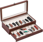 AUTOARK 2-Tier PU Leather & Velvet Knife Organizer with 17 Slots,Transparent Glass Top & Drawer,Compact Storage for Pocket Knives,Perfect for Men's Collections & Gifts,Brown,MKAW017