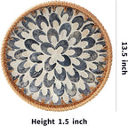 Round Rattan Tray with Mother of Pearl Inlay, Rattan Serving Tray with Wooden Base, Decorative Wicker Basket for Table Decor, Storage and Display of Coffee Bread Food Fruit (Plume 13.5")
