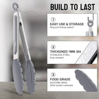 HOTEC Premium Stainless Steel Locking Kitchen Tongs with Silicon Tips, Set of 3-7", 9" and 12" (Black,Grey,Khaki)