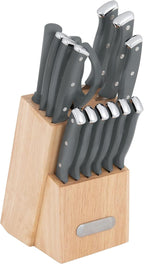 Farberware Triple Riveted Knife Block Set, 15-Piece, Gray, High-Carbon Stainless Steel Blades, Ergonomic Handles with Silver Accents, Includes Rubber Wood Storage Block
