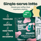 Copper Cow Premium Vietnamese Coffee Variety Pack (15 Coffees & 15 Creamers)| Classic Black, Churro, & Vanilla Latte | Pour Over Single-Serve Lattes, No Refrigeration Needed, Travel Friendly