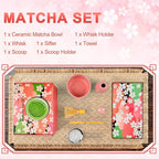 Matcha Set–7-Piece Set Including Matcha Bowl with Spout, Whisk, Chasen Holder, Sifter, Bamboo Scoop,Scoop Stand,wood spoon(Daisy Pink)–Perfect for Matcha Lovers&Tea Ceremonies