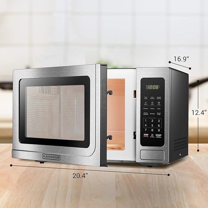 BLACK+DECKER EM036AB14 Digital Microwave Oven with Turntable Push-Button Door, Child Safety Lock, Stainless Steel, 1.4 Cu.ft