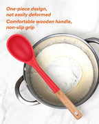 Large Silicone Cooking Spoons, Nonstick Solid Wooden Handle Spoon, Heat Resistan Silicone Kitchen Spoons for Cooking, Serving, Basting, Mixing, 13.2inch (RED)