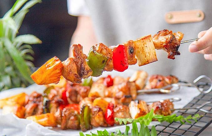 BBQ Skewers - Reusable Stainless Steel 8 Inch Skewers for Grilling Kebob Meat, Chicken, Vegetable Appetiser - Pack of 30