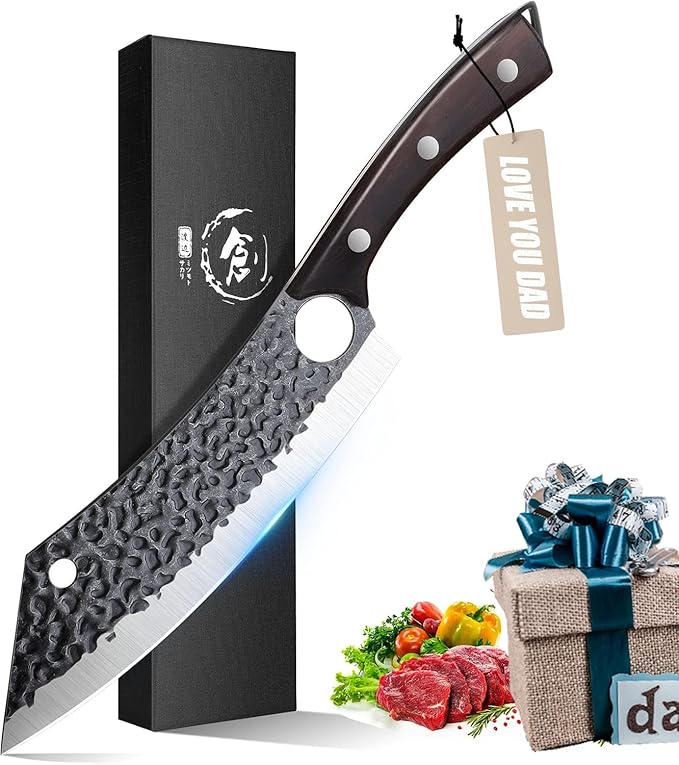 Purple Dragon Kitchen Knife 8 Inch Ultra Sharp Japanese Butcher Knife for Meat Cleaver Vegetable Cutting with Finger Hole Hand Forged High Carbon Steel Chef Knives Christmas Gift for Men and Women