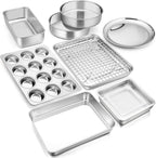 E-far 10-Piece Baking Pans set, Stainless Steel Bakeware Set for Oven, Include Cake Pan/Baking Cookie Sheet/Pizza/Muffin/Loaf Pan, Non-Toxic & Heavy Duty, Dishwasher Safe