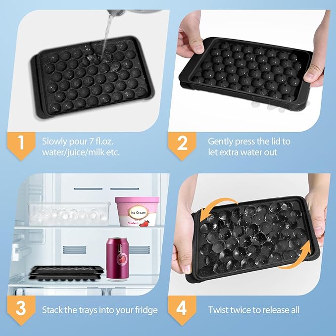 WIBIMEN Ice Cube Tray with Lid and Bin - Round Ice Trays for Freezer with Lid - Ice Cube Trays for Freezer with Ice Container (0.8"-2PACK Black)