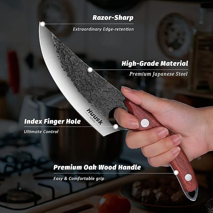 Huusk Viking Knives Hand Forged Boning & Chef Knife - Full Tang Japanese Blade with Sheath - Butcher Meat Cleaver - Camping & Kitchen Christmas Gifts for Men and Women