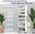 7-Tier Slim Storage Cart, Wooden Rolling Pantry Cabinet with Wheels, Narrow Shelf Organizer for Kitchen, Bakers Rack, Dining Room, Closet, Small Spaces Teak 73.2" H*7.8" W*23.6" D