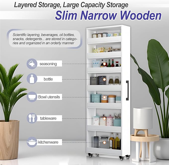 7-Tier Slim Storage Cart, Wooden Rolling Pantry Cabinet with Wheels, Narrow Shelf Organizer for Kitchen, Bakers Rack, Dining Room, Closet, Small Spaces Gray 73.2" H*7.8" W*23.6" D