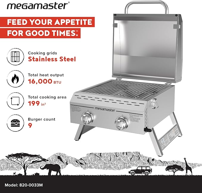 Megamaster 2-Burner Stainless Steel Portable Gas Grill with Built-In Lid, 16,000 BTUs, Foldable Legs, Small Propane Grill for Outdoor Cooking, Camping, Tailgating, Patios, and More - 820-0033M