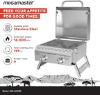 Megamaster 2-Burner Stainless Steel Portable Gas Grill with Built-In Lid, 16,000 BTUs, Foldable Legs, Small Propane Grill for Outdoor Cooking, Camping, Tailgating, Patios, and More - 820-0033M