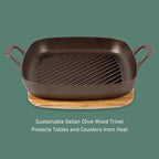 Bloomhouse Natural Bronze Finish 12-Inch Square Cast Iron Grill Pan – Olive Oil Treated Surface with Dual Handles & Olive Wood Trivet, Oven, Grill & Campfire Safe