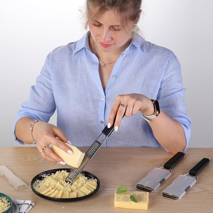 Cambom Lemon Zester Grater Three-piece Suit - Heavy Duty Kitchen Tool for Parmesan Cheese, Ginger, Garlic, Nutmeg, Chocolate, Vegetables，Fruits，Stainless Steel Grater Dishwasher Safe Black