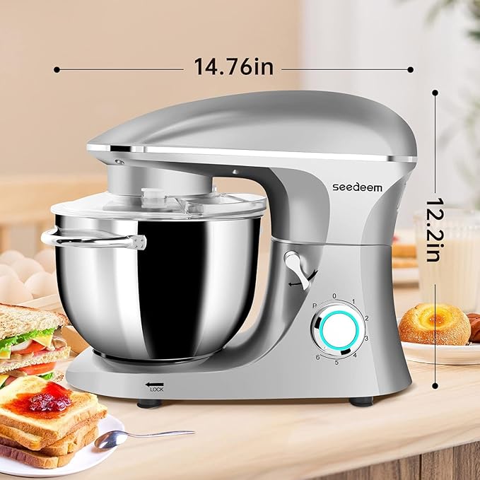 Seedeem 6.5QT Stand Mixer, 660W Tilt-Head Kitchen Electric Mixer with 6 Speeds, Dough Hook, Beater & Whisk, Dishwasher Safe Attachments, Silver