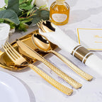 WELLIFE 300PCS Gold Plastic Silverware,Pre Rolled Silverware Set Disposable,Hammer Pattern Design,Plastic Cutlery Includes: 75 Forks, 75 Knives, 75 Spoons, 75 Napkins, Thanksgiving Cutlery