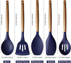 Miusco Non-Stick Silicone Kitchen Utensils Set with Natural Acacia Hard Wood Handle, 5 Piece, Midnight Blue, BPA Free, Baking & Serving Silicone Cooking Utensils