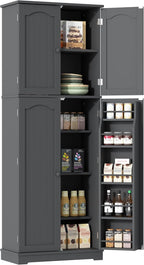 Yusong 64'' Grey Kitchen Storage Cabinet, Tall Pantry Cabinet with Doors and Shelves, 17 Cubic Feet, Freestanding for Kitchen, Dining, Living Room