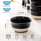 HASENSE Ceramic Soup Bowls and Cereal Bowls, 20 OZ Bowls for Kitchen Set of 6, Stackable Bowls Set for Ramem, Salad, Oatmeal, Rice, Snack, Dishwasher Microwave Safe, Black
