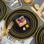 bUCLA 150 Pieces Black and Gold Disposable Dinnerware Set - 25 Guests Black Gold Plastic Plates Include 25 Dinner & 25 Dessert Plates, 25 Spoons, 25 Forks, 25 Knives, 25 Cups for Party & New Year