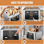Touch screen Toaster 4 slice,Stainless Steel Digital Timer Toasters with Sound/Screen-Off Function,6 Bread Types & Shade Settings,Smart Extra Wide Slots Toaster with Bagel,Defrost,Silver