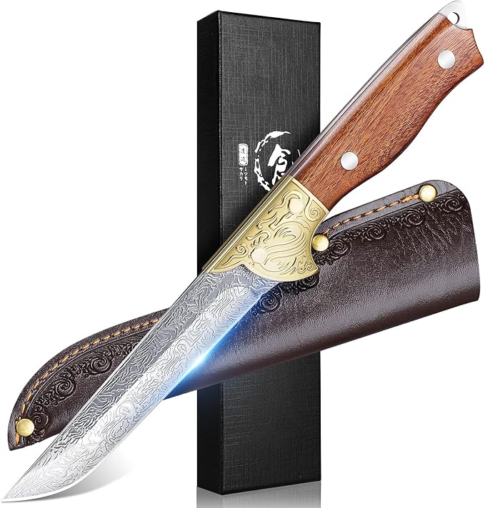 Purple Dragon 5" Boning Knife - Japanese Steel Professional Fillet Knife with Sheath, Elegant Blade, Sharp for Meat, Fish, Camping, Gift Box Included