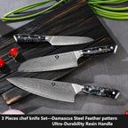 WILDMOK Damascus Kitchen Knife Sets 3 PCS, Japanese Kitchen Knife Set Damascus Steel Core, Ultra-Sharp Professional Chef Knife Set and Full Handle, Gift Box