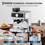 Garvee 20 Bar Pressure Stainless Steel Espresso Machine with Grinder, 1.5L Removable Water Tank, Milk Frother Steam Wand for Latte/Cappuccino - Adjustable Shot Volume, Professional Home/Office Use