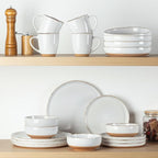 AmorArc Ceramic Dinnerware Sets for 4, 12 Pieces Handpainted Plates and Bowls Set with Rustic Terracotta Underside, Scratch Resistant Stoneware Dishes Set, Dishwasher & Microwave Safe, White