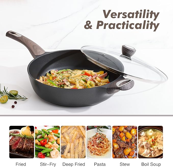 SENSARTE Nonstick Frying Pan Skillet with Lid, 10.5 Inch Deep Frying Pan, 3.8 Qt Non Stick Saute Pan with Cover, Induction Pan, Healthy Non Toxic Cooking Pan with Helper Handle, PFOA PFOS Free