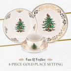 Spode Christmas Tree Gold 4-Piece Holiday Dinnerware Set - Fine Earthenware Tableware with 22K Gold Accents - Dinner Plate, Salad Plate, Teacup & Saucer - Festive Christmas Tableware, Dishwasher Safe